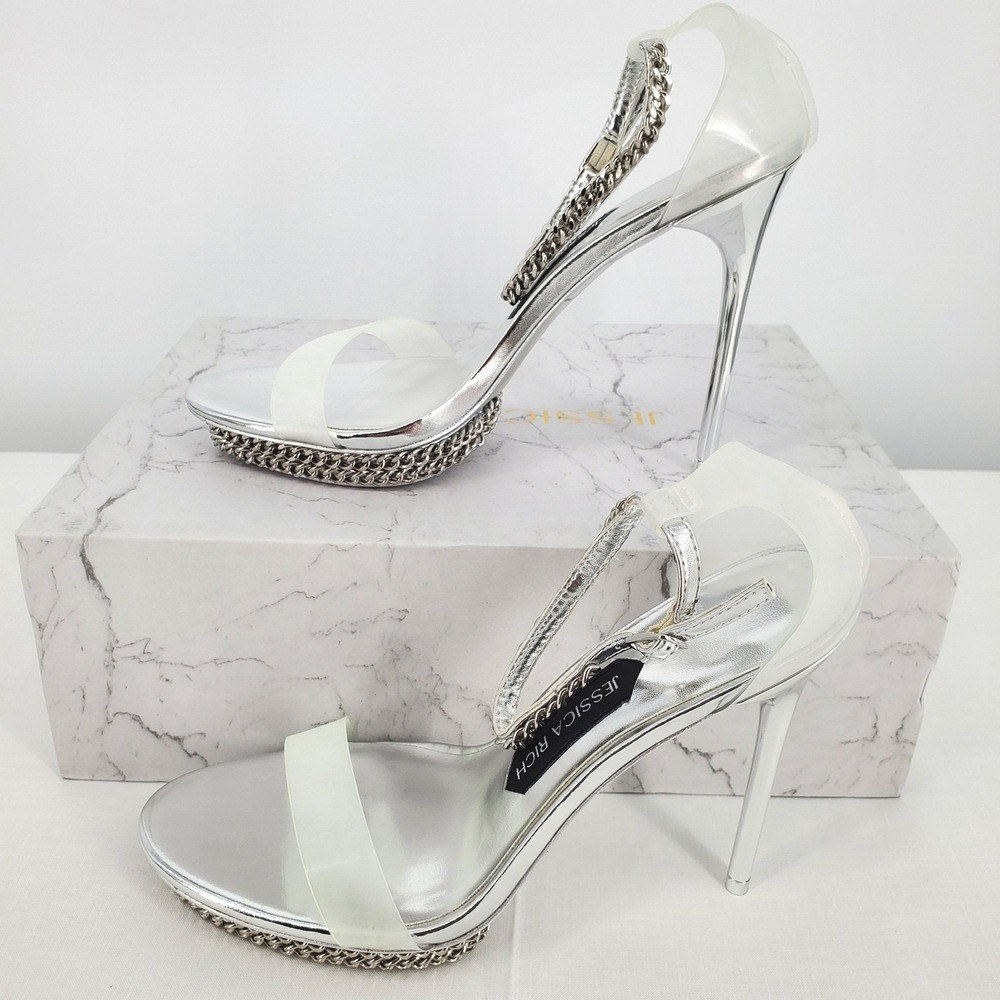 Jessica Rich Jessica Silver Metallic Chain Platform Clear Stiletto Sandals 40=10